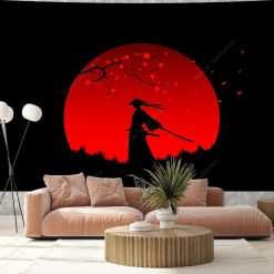 Tenture Murale Japonaise Ukiyo-e Samouraï sous la Lune Rouge et les Fleurs de Cerisier