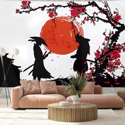 Tenture Murale Japonaise Ukiyo-e Samouraïs sous le Soleil Écarlate et Fleurs de Cerisier