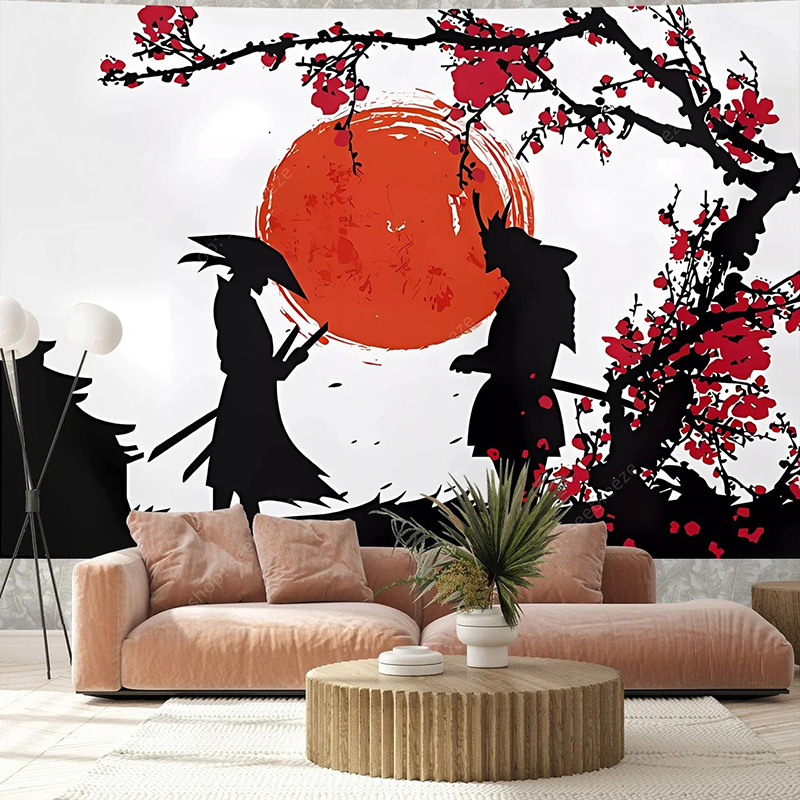 Tapisserie Murale Japonaise Samouraï - Design Esthétique Pleine Lune Cerisier - 203 X 152 Cm - Décoration Chambre, Salon, Style Asiatique