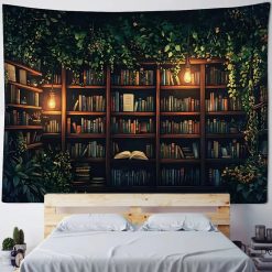 Tenture Murale Trompe-l’Œil "Bibliothèque Botanique Illuminée"