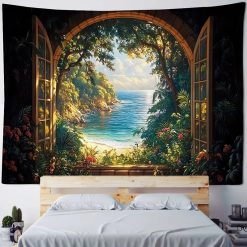 Tenture Murale Trompe-l’Œil Évasion Tropicale par la Fenêtre