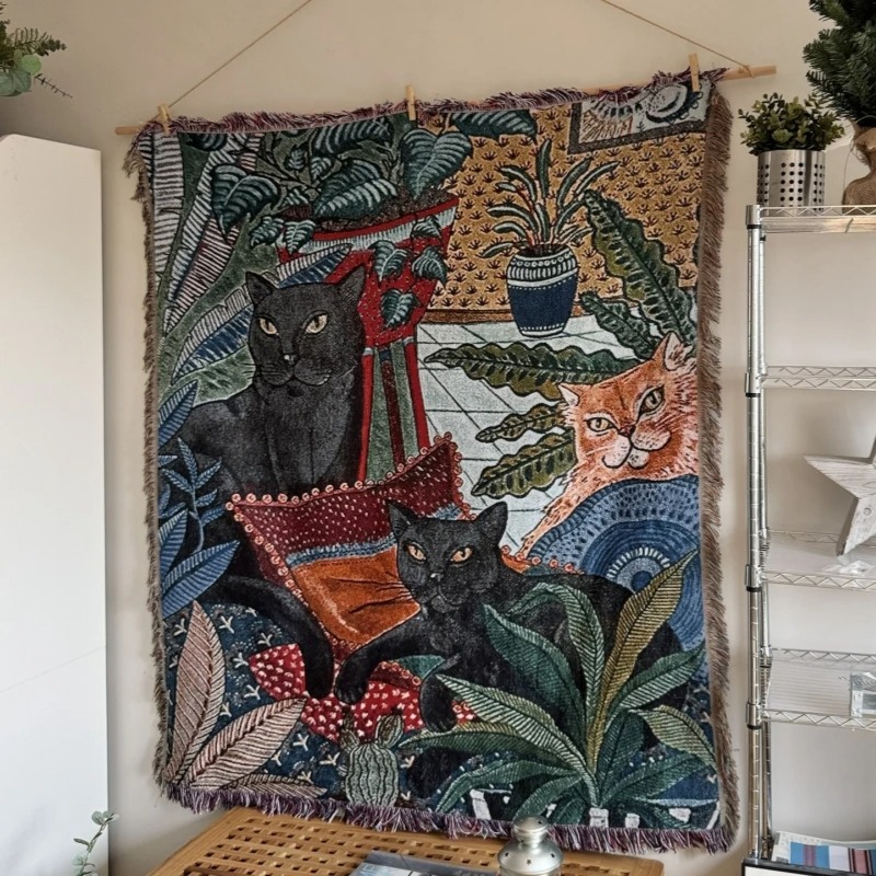 Vue côté de la Tenture Murale Bohème - Chats du Jardin Secret (Esprit Matisse)