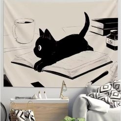 Tenture Murale Bohème Chat Noir Minimaliste “Book Lover”