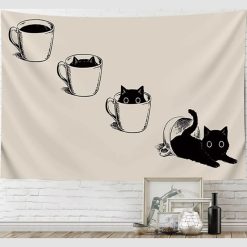 Tenture Murale Bohème Chat Noir Minimaliste “Coffee Break”