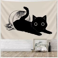 Tenture Murale Bohème Chat Noir Minimaliste “Curious Cat”
