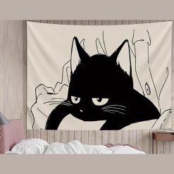 Tenture Murale Bohème Chat Noir Minimaliste ‘Lazy Cat’”
