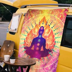Tenture Murale Hippie Éveil des Chakras en Flammes Cosmiques