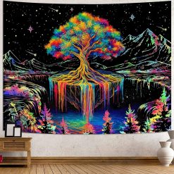 Tenture Murale Arbre de Vie Cascade Cosmique Arc-en-Ciel