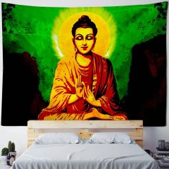 Tenture Murale Bouddha Yoga Éveil Doré sous l’Aura Verte