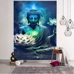 Tenture Murale Bouddha Yoga Lotus de Lumière Émeraude