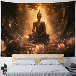 Tenture Murale Bouddha Yoga Sérénité Dorée du Lotus