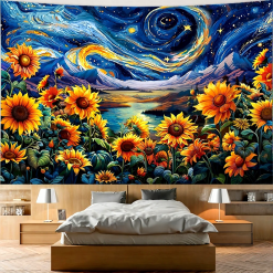 Tenture Murale Art “Ciel Étoilé sur Champs de Tournesols - Inspiration Van Gogh”