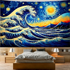 Tenture Murale Art “La Vague Étoilée - Inspirations Hokusai & Van Gogh”