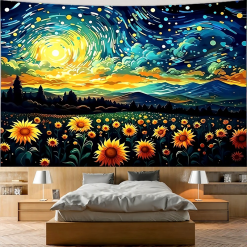 Tenture Murale Art “Nuit Tourbillonnante sur Champs de Tournesols - Inspiration Van Gogh”