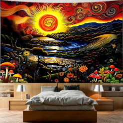 Tenture Murale Art “Soleil Psychédélique sur Paysage Tourbillonnant - Inspiration Van Gogh”