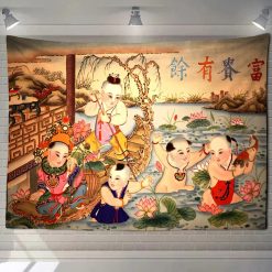 Tenture Murale Chinoise Enfants du Lotus et Poissons de Prospérité