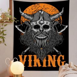 Tenture Murale Viking - Crâne Guerrier sous la Lune de Sang