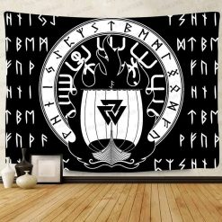 Tenture Murale Viking - Drakkar Sacré et Runes de Feu