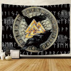 Tenture Murale Viking - Valknut Doré et Corbeaux d’Odin