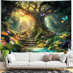 Tenture Murale Arbre de Vie Clairière Enchantée aux Papillons Lumineux