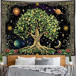 Tenture Murale Arbre de Vie Jardin Astral aux Étoiles Dorées