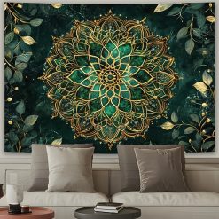 Tenture Murale Mandala “Lotus Mystique Émeraude & Or”
