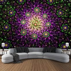 Tenture Murale Psychédélique Spirale Néon Violette & Éclats Émeraude