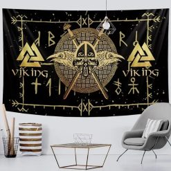 Tenture Murale Viking - Casque Nordique, Corbeaux d’Odin et Valknut Doré