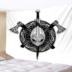 Tenture Murale Viking - Casque et Armes du Guerrier Nordique