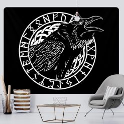 Tenture Murale Viking - Corbeau Runique d’Odin Messager des Runes d’Odin