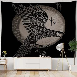 Tenture Murale Viking - Corbeau d’Odin et Runes de Protection