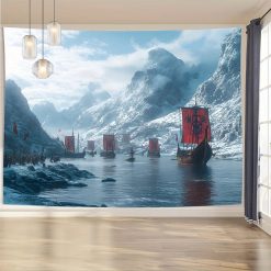 Tenture Murale Viking - Flotte de Drakkars sous le Vegvisir Doré