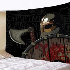 Tenture Murale Viking Guerrier Casqué, Bouclier Nordique et Hache Runique