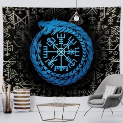 Tenture Murale Viking Ouroboros Bleu et Symbole Vegvisir