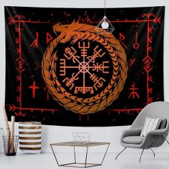 Tenture Murale Viking Ouroboros Rouge & Symbole Vegvisir