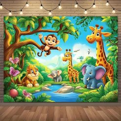 Tenture Murale Animaux - Safari Enchanté & Amis de la Jungle au Bord de l'Eau