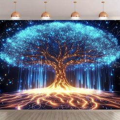Tenture Murale Arbre de Vie Énergie Cosmique Bleu & Or Lumineux
