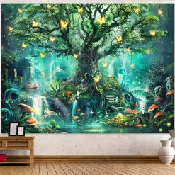 Tenture Murale Arbre de Vie Forêt Féérique aux Papillons Dorés