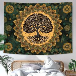 Tenture Murale Arbre de Vie Mandala Floral Soleil d’Émeraude