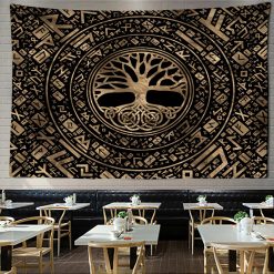 Tenture Murale Arbre de Vie Yggdrasil Runique Noir & Or Ancestral