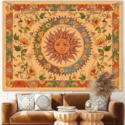 Tenture Murale Bohème Soleil Zodiacal & Couronne Florale Vintage