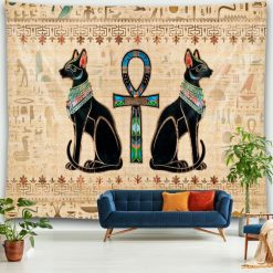 Tenture Murale Égyptienne Bastet et Ankh de l’Équilibre Éternel