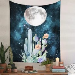 Tenture Murale Hippie Cactus sous la Pleine Lune Cosmique
