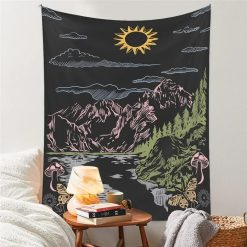 Tenture Murale Hippie Montagnes Sauvages au Soleil Noir