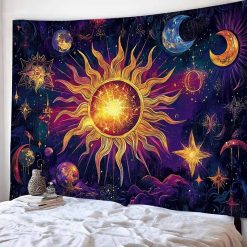 Tenture Murale Hippie Soleil Cosmique des Mondes Étoilés