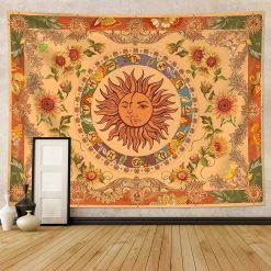 Tenture Murale Hippie « Soleil Zodiacal aux Fleurs Dorées »