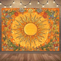 Vue de Face Tenture Murale Bohème Soleil Floral Orange et Symboles Astrologiques