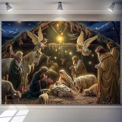 Tenture Murale Art Chrétien La Nativité Céleste, Adoration sous les Anges