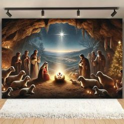 Tenture Murale Art Chrétien - La Nativité, Lumière dans la Grotte Sacrée