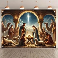 Tenture Murale Art Chrétien "La Nativité Sacrée sous les Arches de Bethléem"